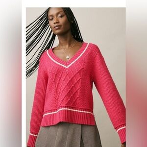 Anthropologie Maeve Sweater The Tillie V-Neck Cable Knit Pullover in Berry Pink